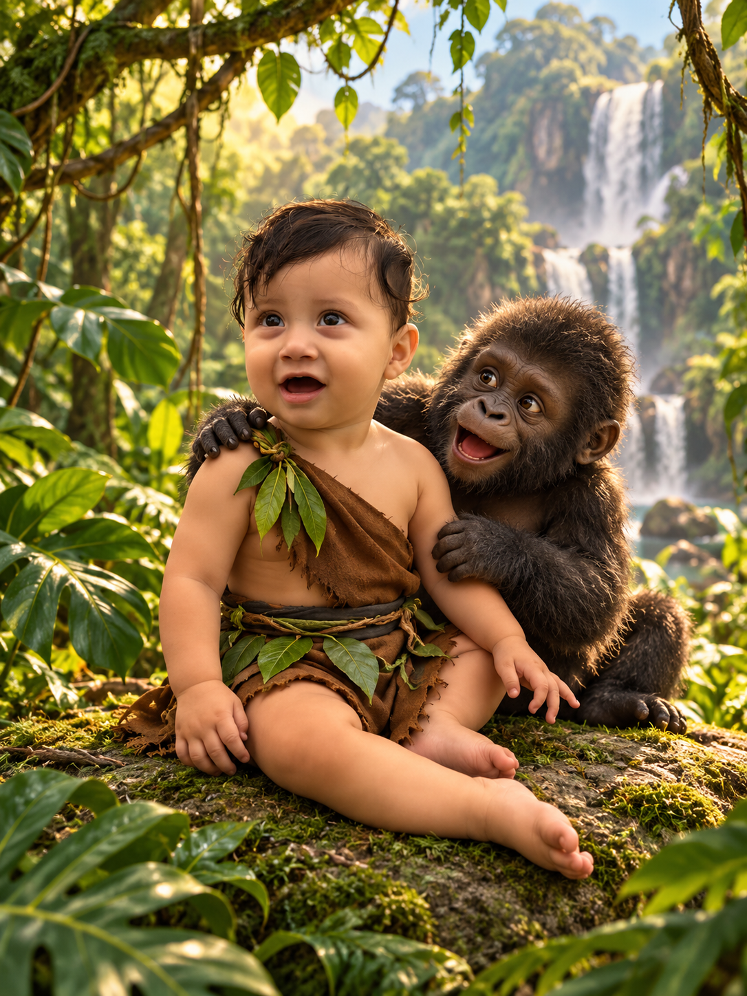Matías y un gorila bebé frente a una cascada tropical